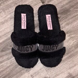 Juicy Couture Black Furry Slippers with Rhinestones